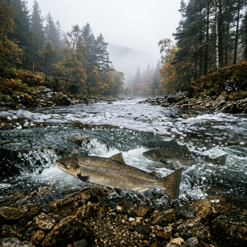 Two salmon swimming upstream in a clear rocky river with forested banks